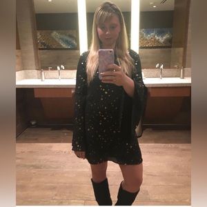 LuLus Black and Gold Star Winged Sleeve Mini Dress